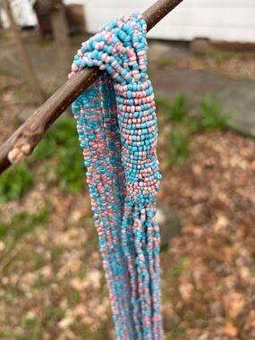 Multi-Strand Seed Bead Necklace in Turquoise and Light Pink